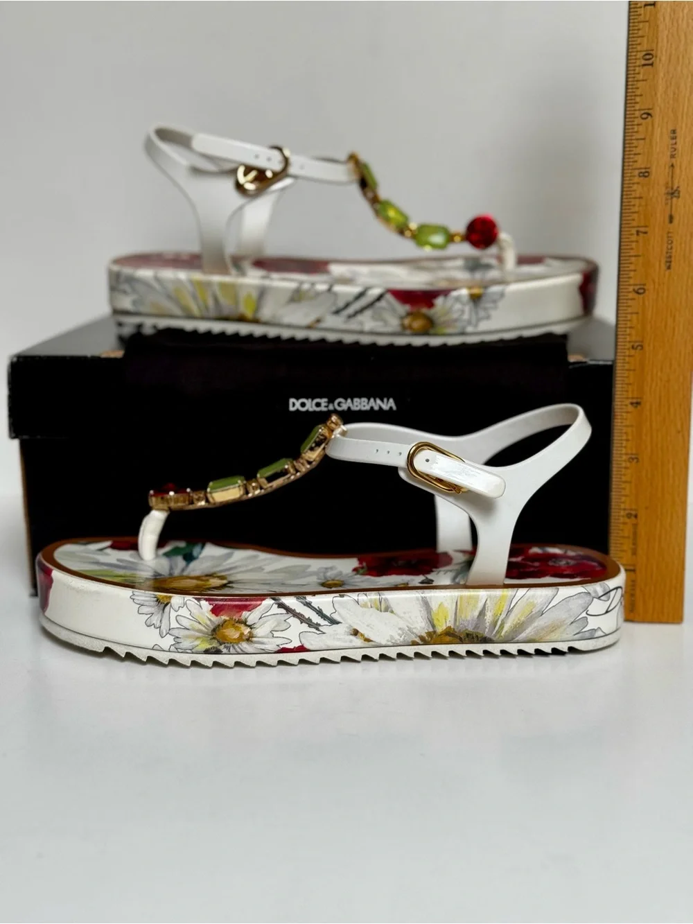 Dolce & Gabbana Poppy/Daisy T-Strap Platform Sandals w/Swarovski Crystals Size 9